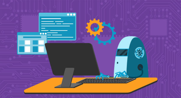 automated work of software, business project development, robot using keyboard at table - 系統(tǒng)軟件開發(fā) 幅插畫檔、美工圖案、卡通及圖標